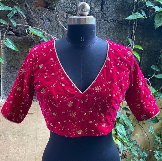 Pink velvet ready made saree blouse