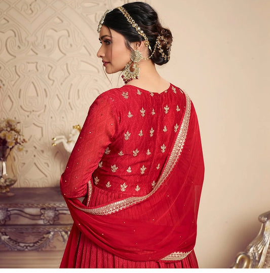 Red Printed With Embroidered Chiffon Gown