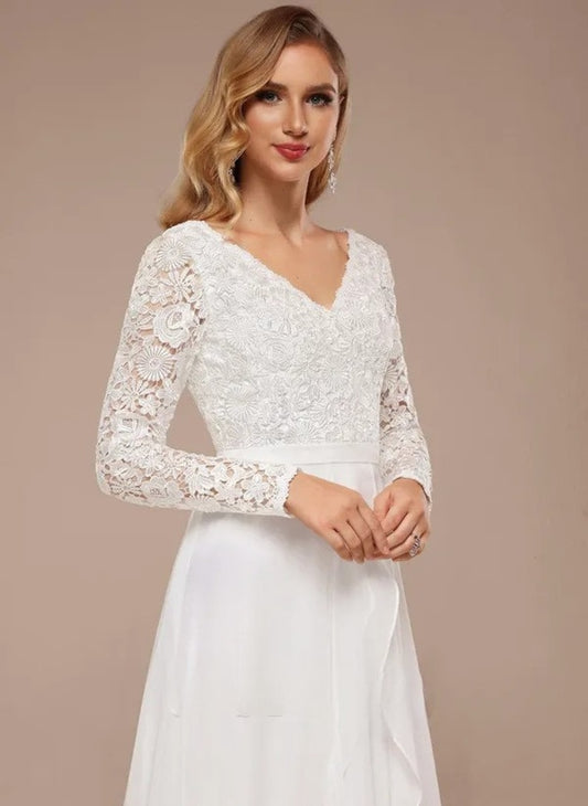 Shaped and v-neck asymmetric lace chiffon wedding dress