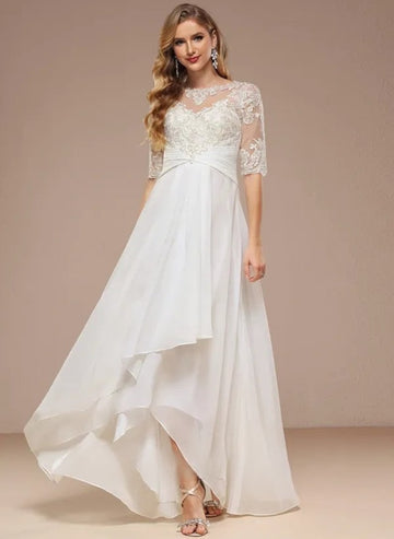 A-line and boat neck asymmetric lace chiffon wedding dress