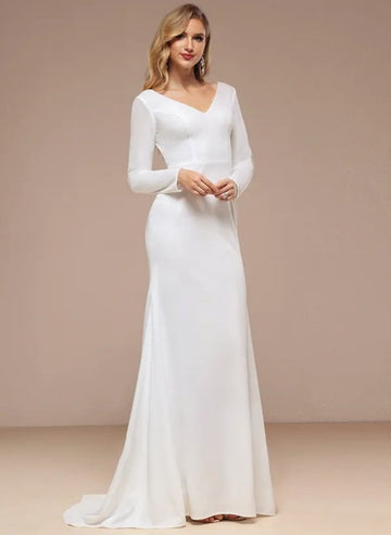 Shaped and V-neck long train chiffon wedding dress
