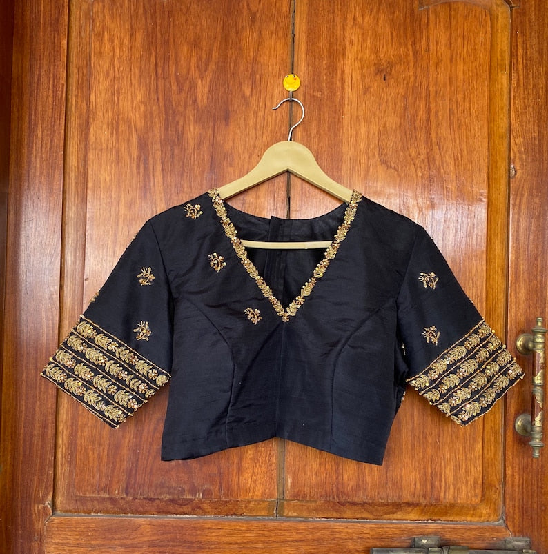 pure silk Black hand embroidery blouse