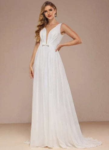 Shaped and V-neck long train chiffon wedding dress with bow
