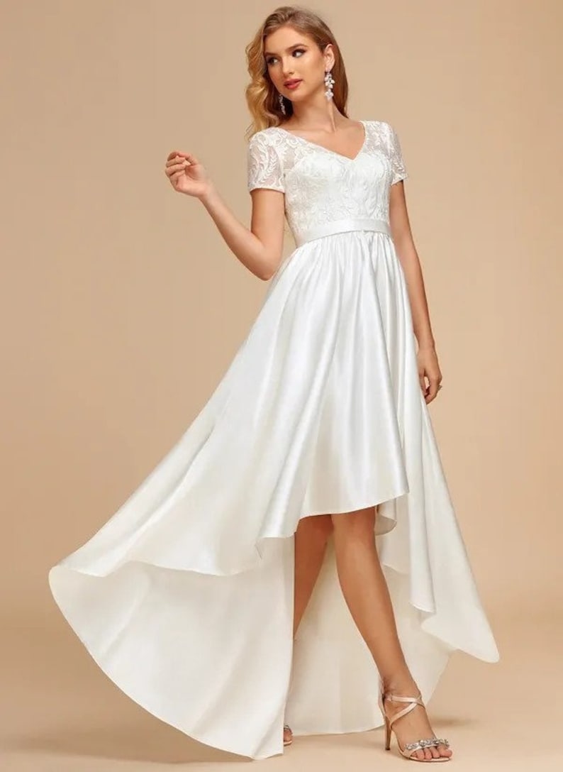 Trapeze V-neck Asymmetrical Lace Satin Wedding Dress