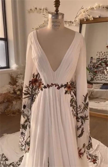 Boho Floral Embroidery Wedding Dress