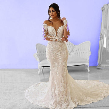 Boho Lace Wedding dress, Mermaid Long Sleeve Wedding Dress, Backless wedding gown