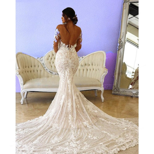 Boho Lace Wedding dress, Mermaid Long Sleeve Wedding Dress, Backless wedding gown