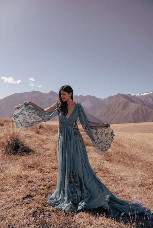 Embroidered Wedding Dress, Garden Wedding Dress , Floral Wedding Dress, Embroidery Gown Teal Dress - MEADOW sample