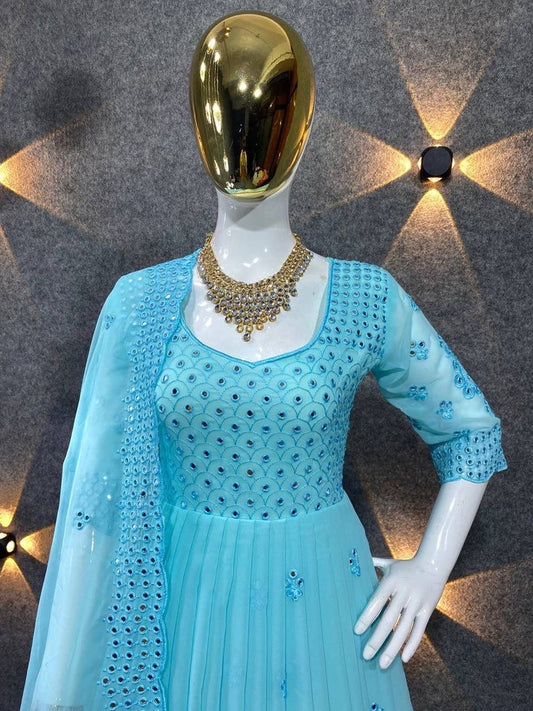Embroidered Blue Ladies Bridal Georgette Long Gown, Party wear