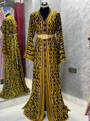 Moroccan silk crepe Handmade Embroidered Caftan