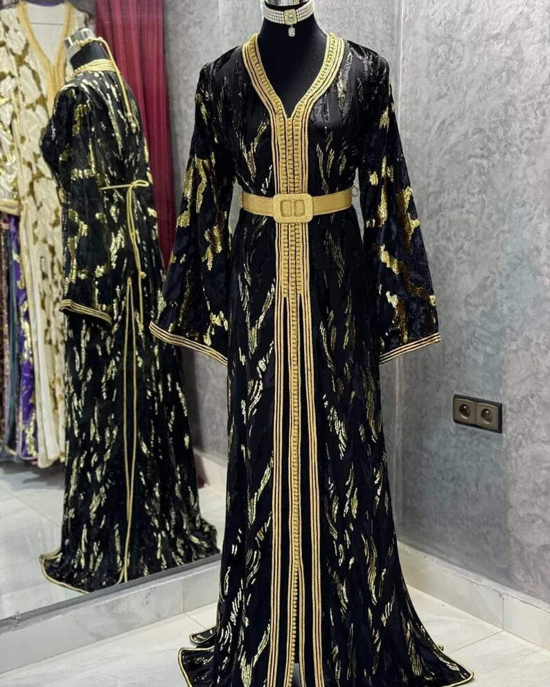 Royal Black And Gold Moroccan Caftan Dress