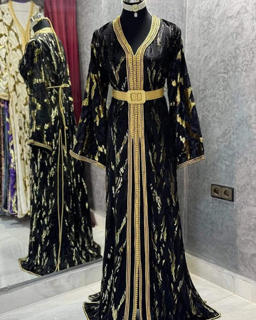 Royal Black And Gold Moroccan Caftan Dress