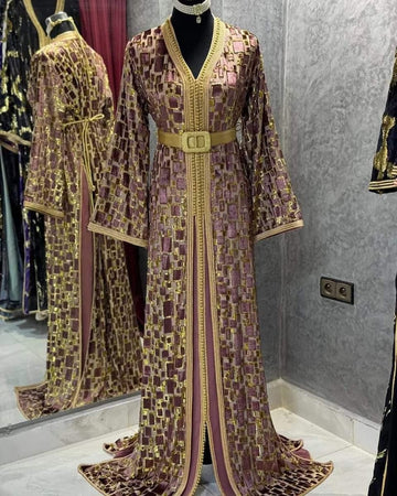Moroccan silk crepe Handmade Embroidered one Size Dress