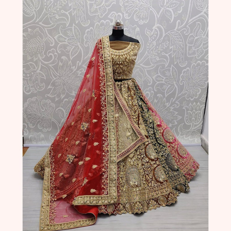 Indian Wedding Designer Bridal Lehenga Choli in USA For Women, Trendy Velvet Lehenga Choli, Heavy Embroidered Lehenga Choli with 2 Dupatta