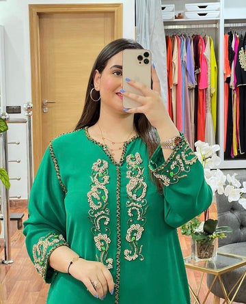 Moroccan Embroidered & Hand Beaded Green Caftan