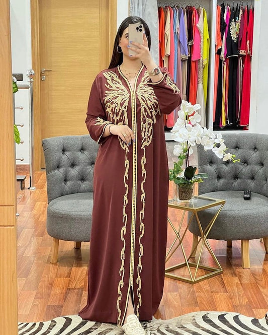 Moroccan Embroidered & Hand Beaded Brown Caftan