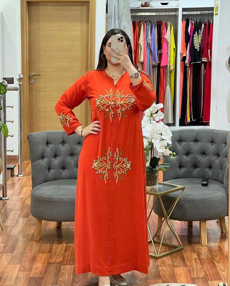 Moroccan Orange Embroidered &Hand Beaded Caftan