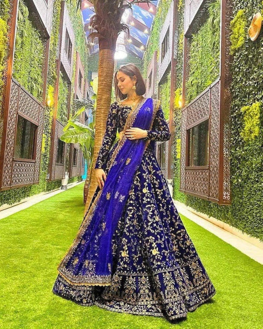 Bollywood Model Velvet Embroidery wedding lehenga in blue color