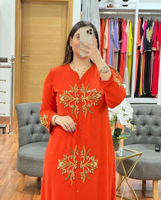Moroccan Orange Embroidered &Hand Beaded Caftan