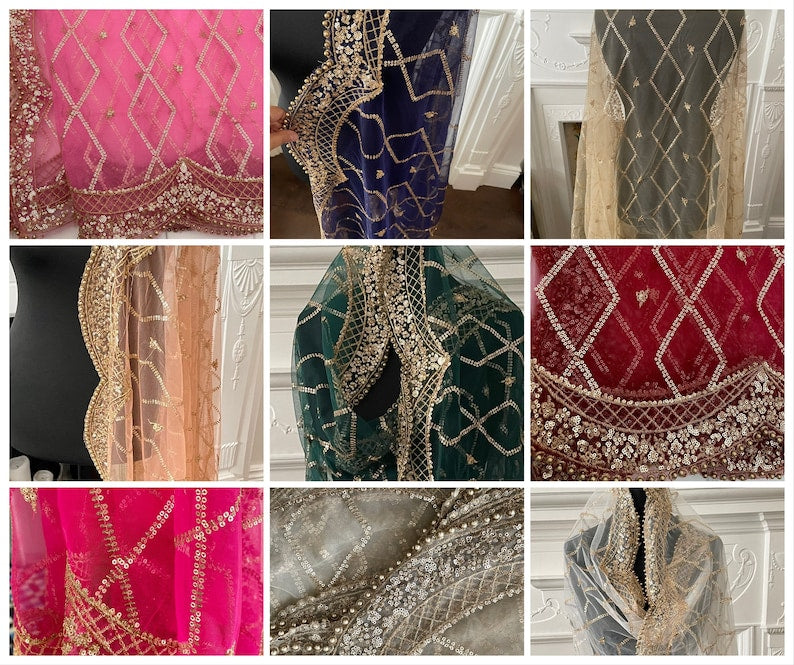 Net scallop Sequin border Scarf Duppattas