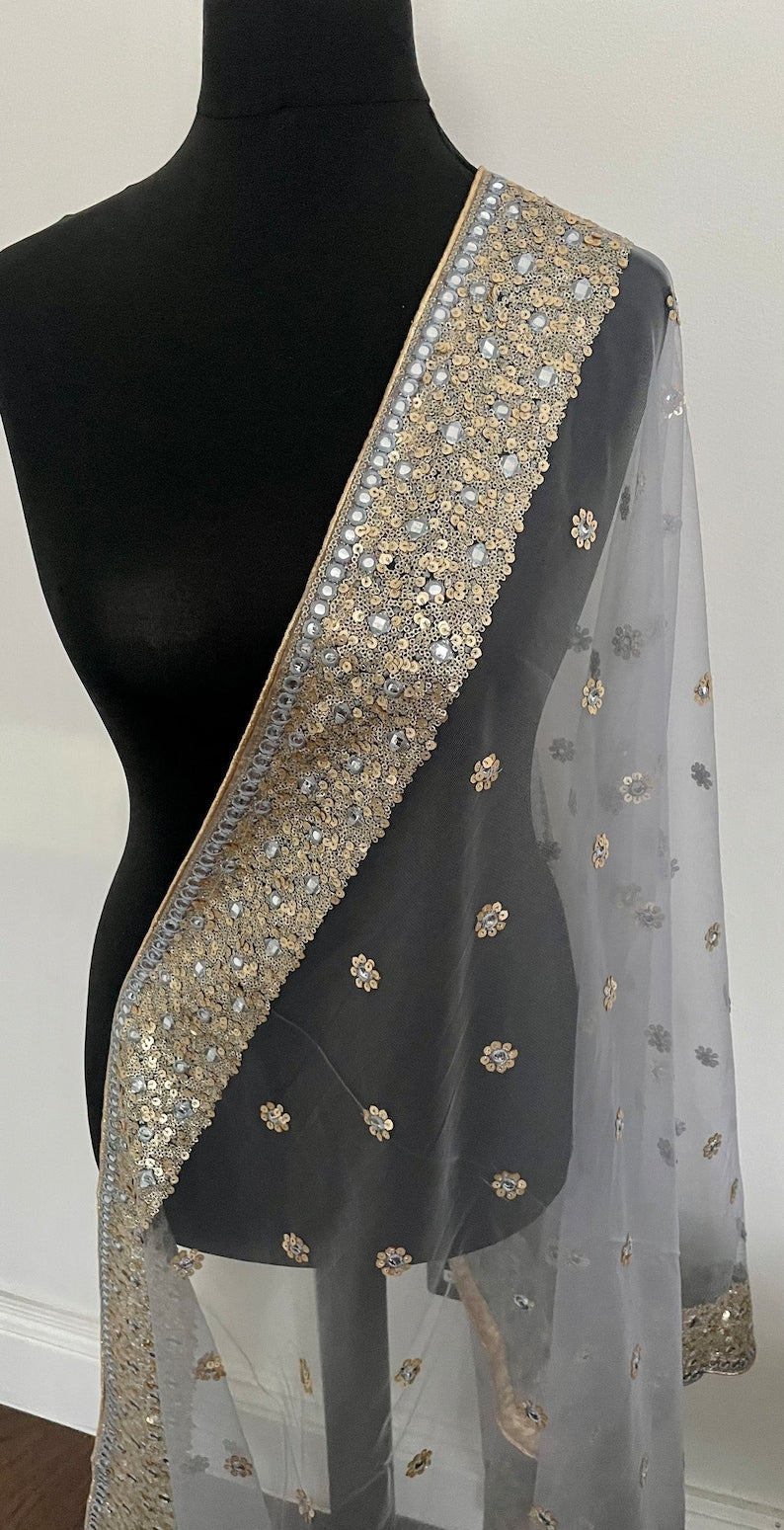 Light bule embroidered net dupatta