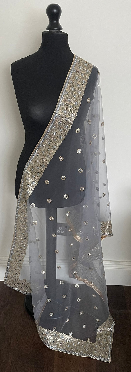 Light bule embroidered net dupatta