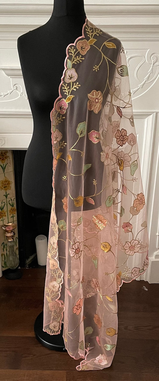 Net Duppattas scallop Resham silk thread floral trellis pattern all over Scarf