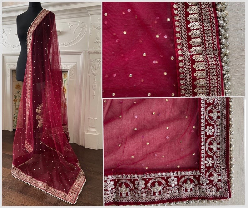 Maroon Bridal Net Double Second Duppatta for Wedding