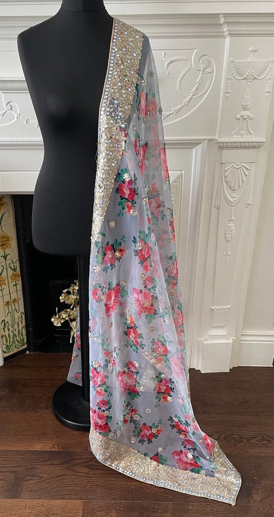Gray Organza embroidered Floral Print Dupatta
