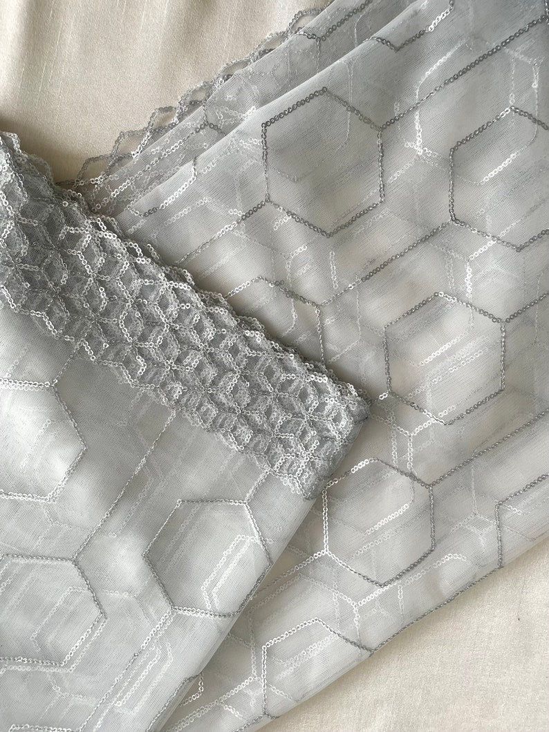 Silver Sequin White Greyish Net Duppattas border Scarf Chunni