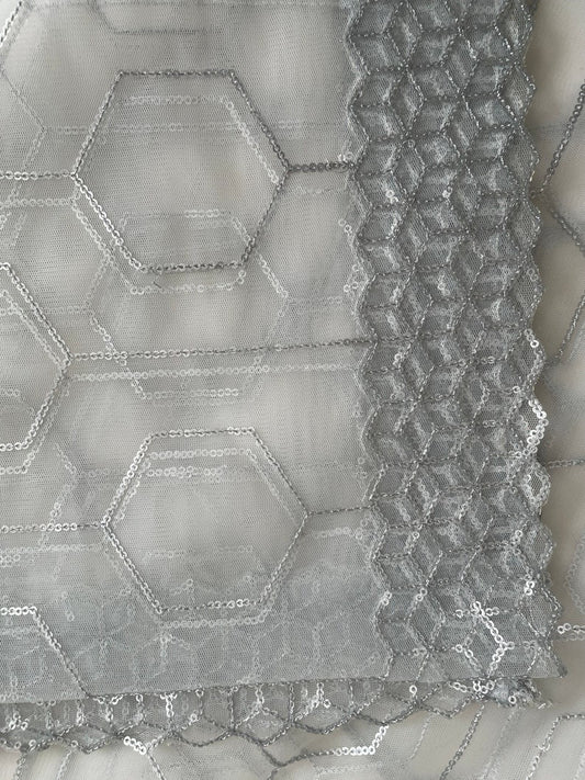 Silver Sequin White Greyish Net Duppattas border Scarf Chunni