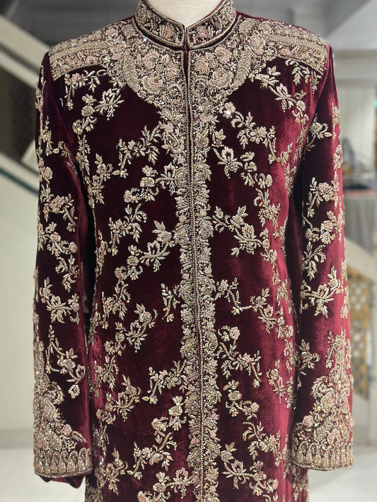 Luxurious Maroon Velvet Sherwani for men