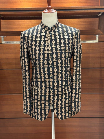 Black Embroidered Prince Coat for men.