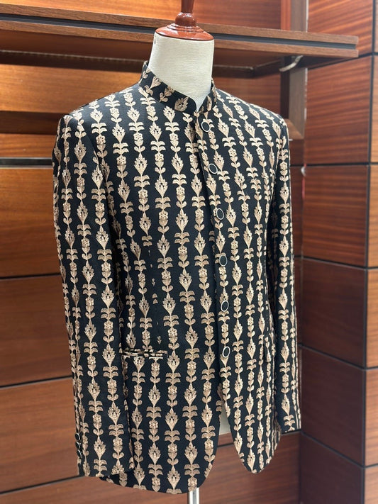 Black Embroidered Prince Coat for men.