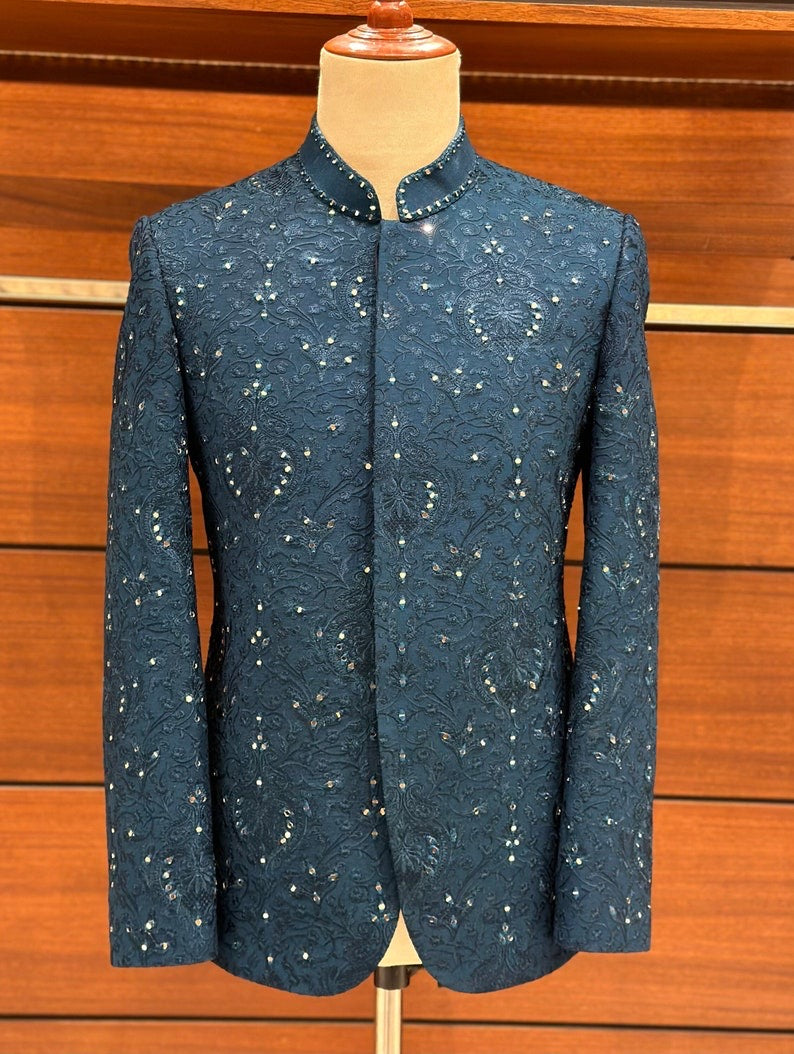 Teal Blue Prince Coat For Men