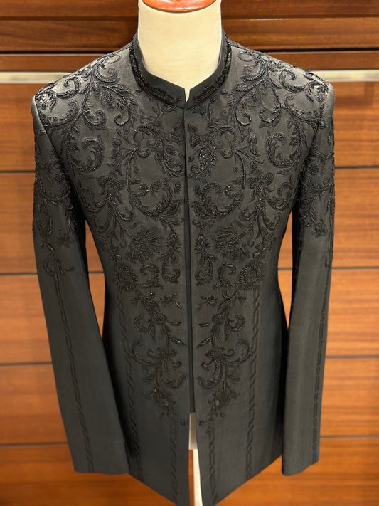 Black Embroidered Prince Coat for men