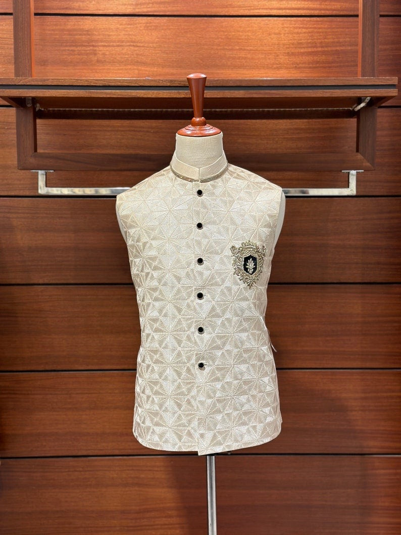Beige Embroidered Waistcoat for men