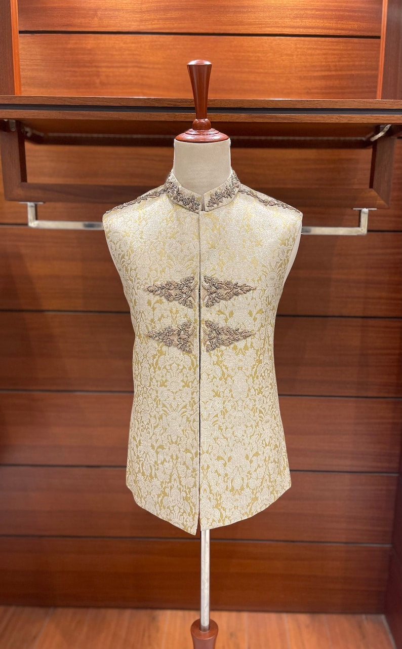 Golden Jamawar Waistcoat for men