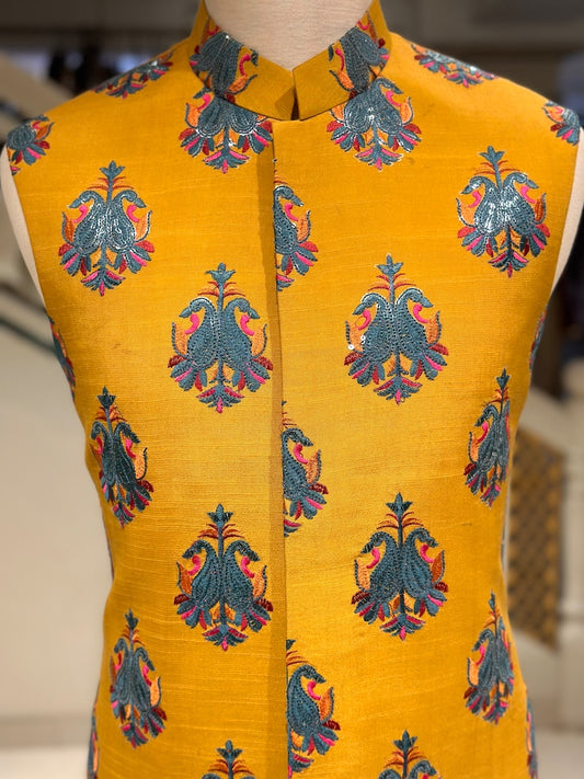 Mustard Mehendi Waistcoat for men