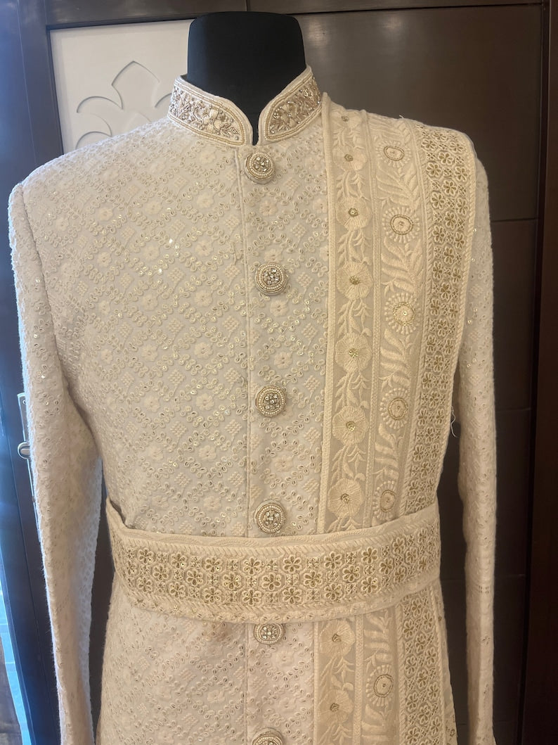 Sherwani with shawl handmade embroidery mens wedding