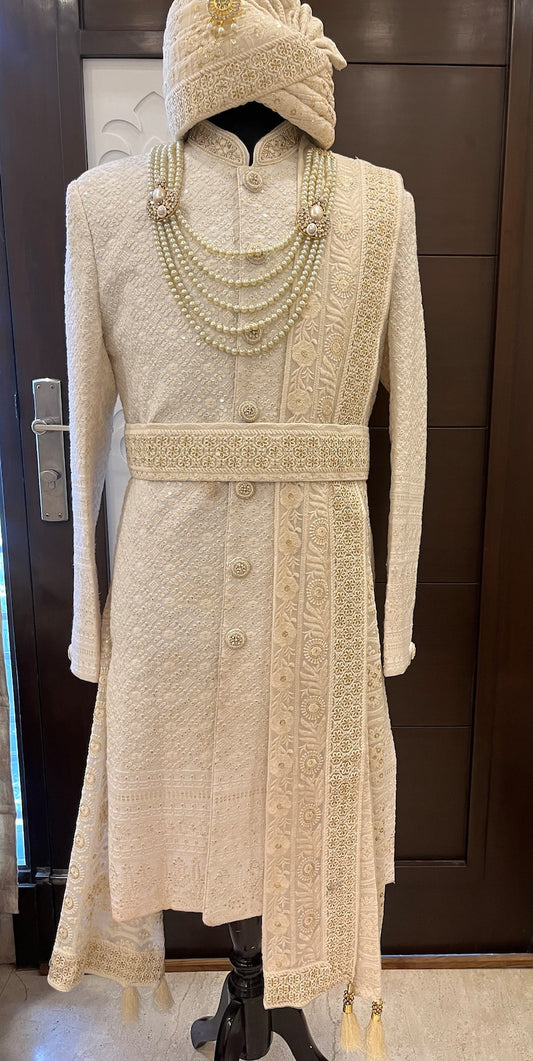 Sherwani with shawl handmade embroidery mens wedding