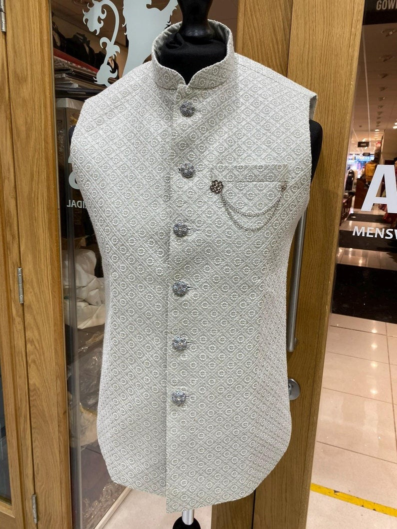 Men's Mint & White Threadwork Embroidery Waistcoat Nehru Jacket