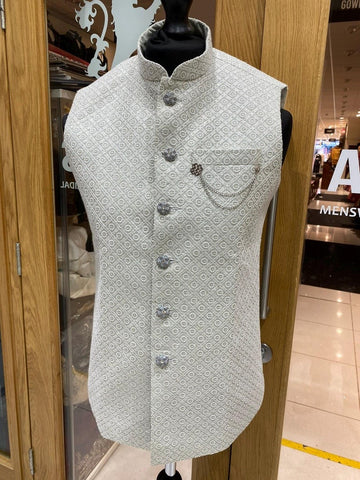 Men's Mint & White Threadwork Embroidery Waistcoat Nehru Jacket