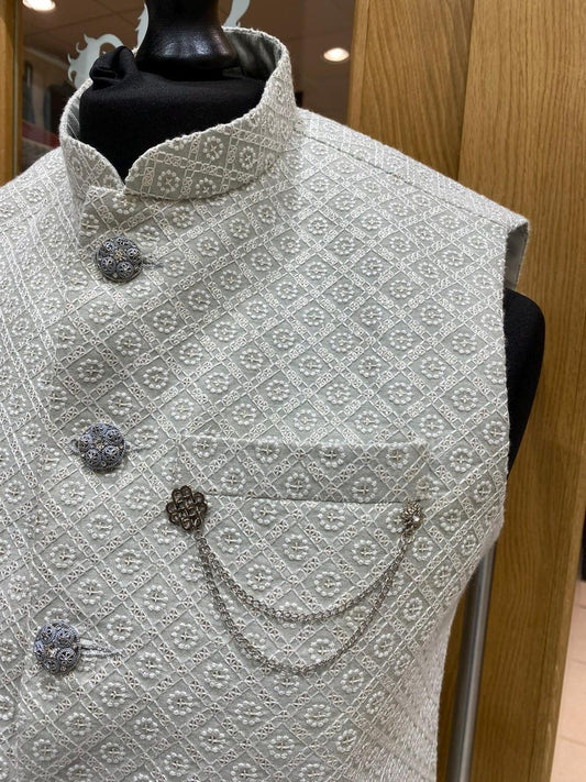 Men's Mint & White Threadwork Embroidery Waistcoat Nehru Jacket