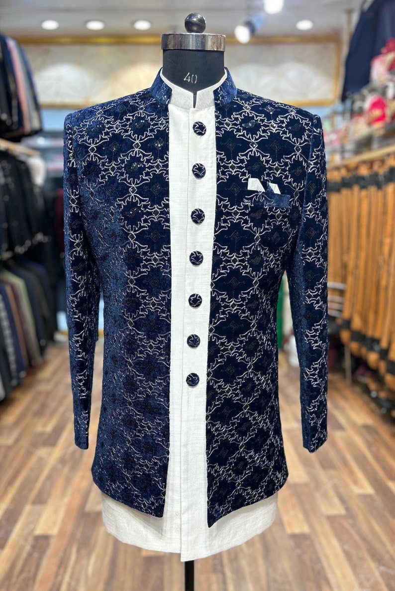 Blue 3 piece shrug styled sherwani