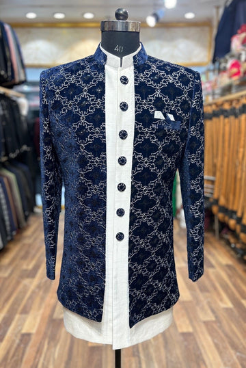 Blue 3 piece shrug styled sherwani