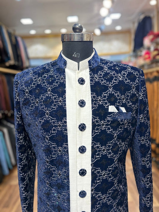 Blue 3 piece shrug styled sherwani