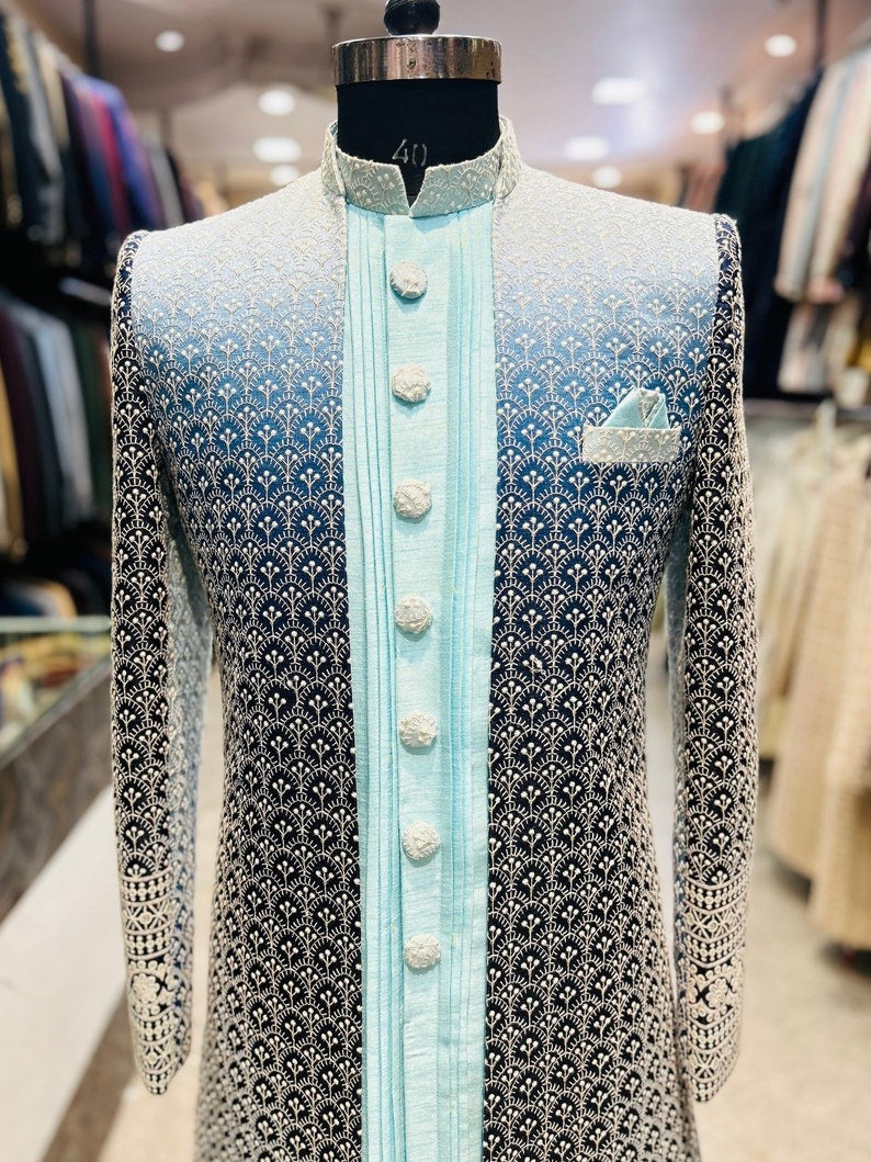 Shrug style blue dual tone indowestern suit
