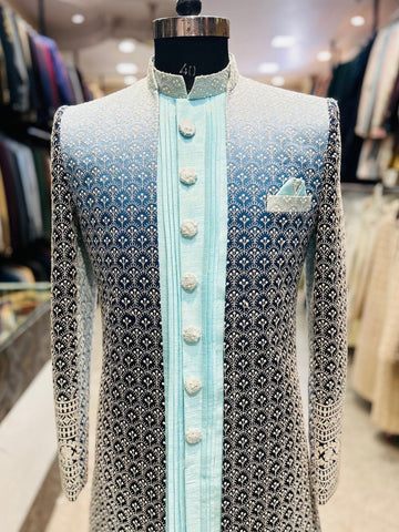 Shrug style blue dual tone indowestern suit