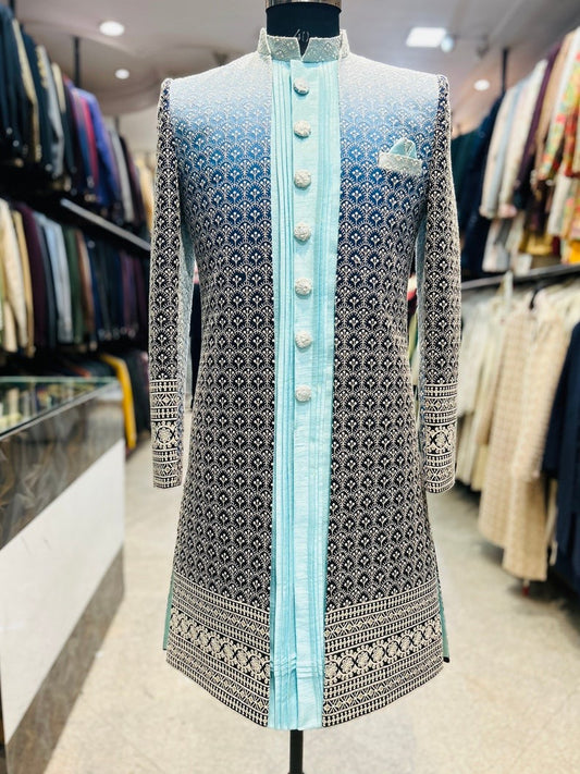 Shrug style blue dual tone indowestern suit